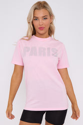 Diamante Paris Regular Fit Round Neck  Rhinestone Embellished T-Shirt